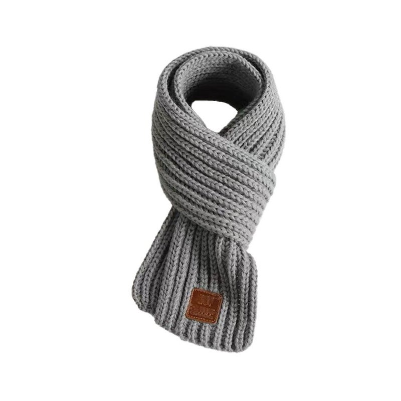 Winter warm and thick Korean style knitted scarf for boys and girls, windproof, solid color leather label neck warmer